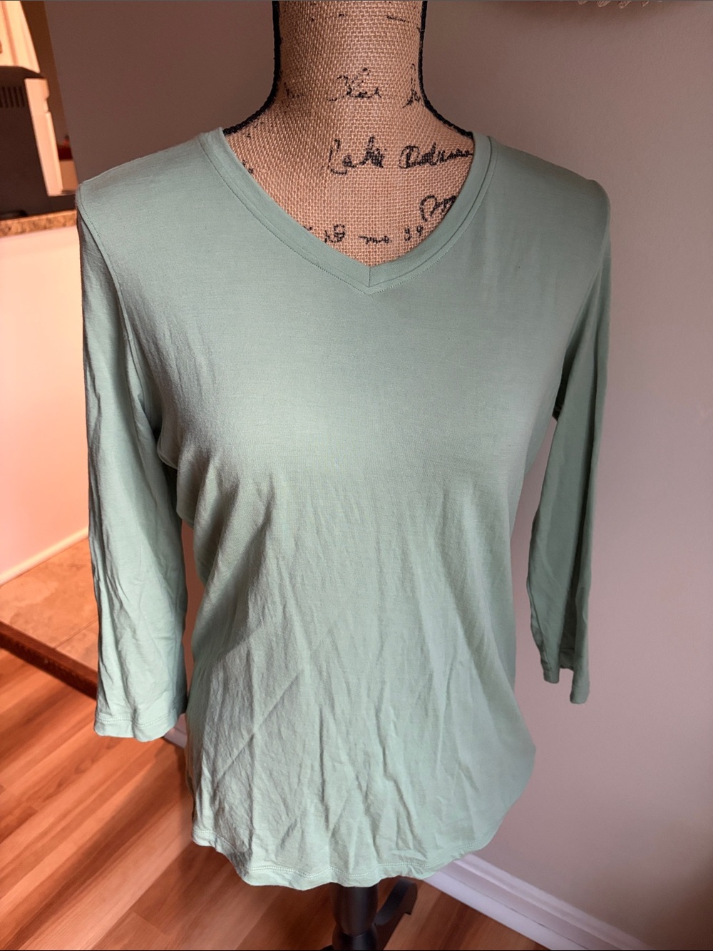 Woolx Elena Merino Wool Tee Sage Green 3/4 length sleeve V neckline